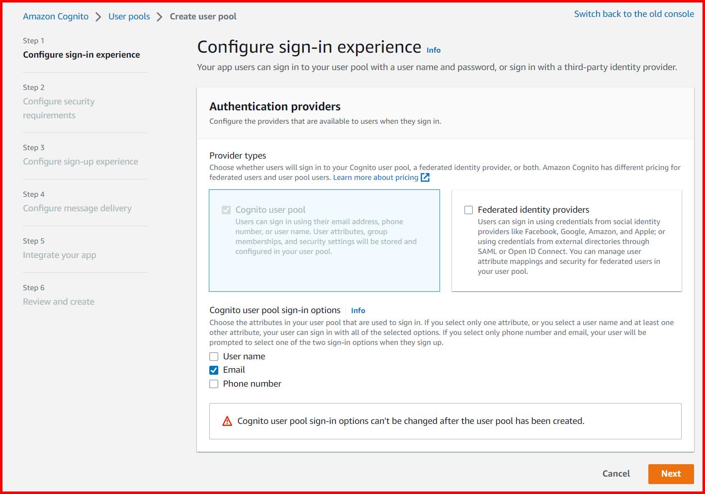 Picture showing the step 1 for creating the user pool